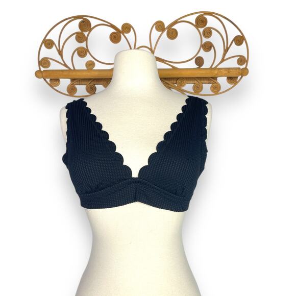 Aerie Waffle Scalloped Tie Longline Triangle Black Bikini Top S - Picture 2 of 7